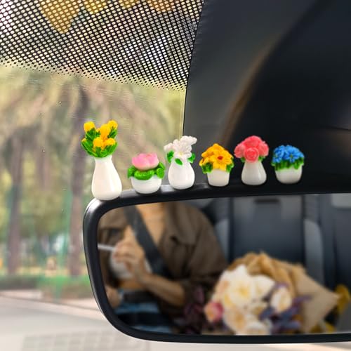 CusDusk 6 Pack Small Vase Car Dashboard Decorations, Mini Resin Cute Flowers Vehicles Rear View Mirror Ornaments, Automotive Interior Accessories for Women Men