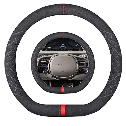Suede D Shape Steering Wheel Cover,Compatible with Hyundai Ioniq 5 Suede Leather Sport Non-Slip Wheel Cover Car Interior Accessories 15 inch for Man and Women - color: Fit Hyundai D Shape Suede Red Mark in Black, size: 15 inch