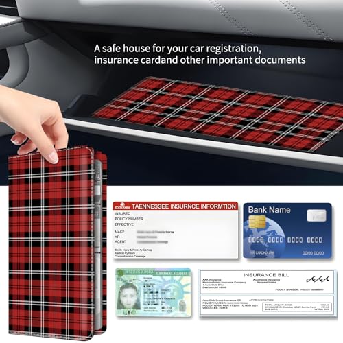 Premium Car Registration and Insurance Card Holder, Cute PU Leather Car Document Holder, Vehicle Glove Box Car Organizer with Magnetic Closure for Driver License, Cards Red Plaid - color: Red Plaid
