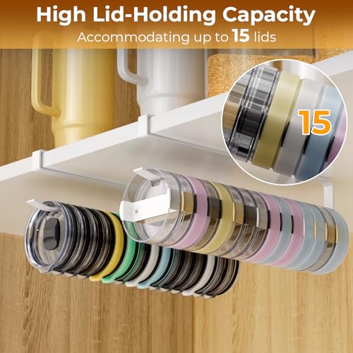 2 PCS Tumbler Lid Organizers, Ample Lid Capacity Up to 30 Lids, No Adhesive No Drill Yeti Lid Organizer Holder Inside Cabinet, Space-Saving Stanley Tumbler Cup Lid Holder Organizer for Kitchen - color: White