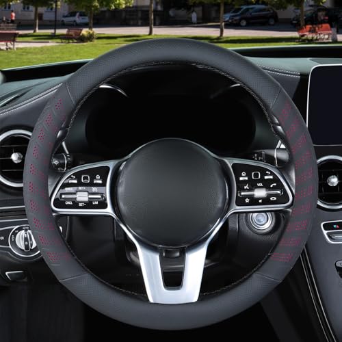 3D Premium Skin-Feel Leather Large Steering Wheel Cover, Anti-Slip Breathable Soft Slim Design, 15.5 inch to 16 inch, Black with Red - color: Black with Red, size: Round-Large[15.5''-16'']