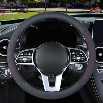 3D Premium Skin-Feel Leather Large Steering Wheel Cover, Anti-Slip Breathable Soft Slim Design, 15.5 inch to 16 inch, Black with Red - color: Black with Red, size: Round-Large[15.5''-16'']