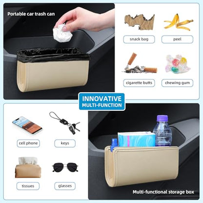 Car Trash Can, Beige Universal Leather Foldable Leakproof Garbage Bins Organizer Holder with One Roll Trash Bag, Car Seat Back Storage Box for Most Vehicles - color: Beige