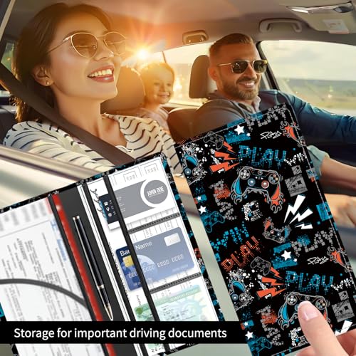 Premium Car Registration and Insurance Card Holder, Cute PU Leather Car Document Holder, Vehicle Glove Box Car Organizer with Magnetic Closure for Driver License, Cards Neon Gamer Pattern - color: Neon Gamer Pattern