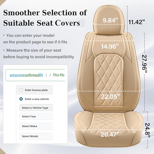 Coverado Car Seat Covers Full Set, Luxury Faux Leather Waterproof Seat Cover, 5 Seat Universal Seat Covers for Cars, Front and Back Car Seat Protector, Beige Leather Seat Cover Fit for Most Cars