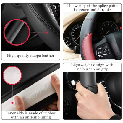 Wine Red Car Steering Wheel Cover, Nappa Leather, Bottom Color Blocking, Universal 14.5-15 Inch Leather Anti-Slip Breathable Auto Steering Wheel Covers for Men Women - color: Wine Red