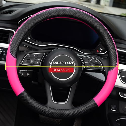 LABBYWAY Steering Wheel Cover, Universal Fit 15 Inch Microfiber Leather Car Wheel Protector, Anti-Slip, Pink - color: black&rose red