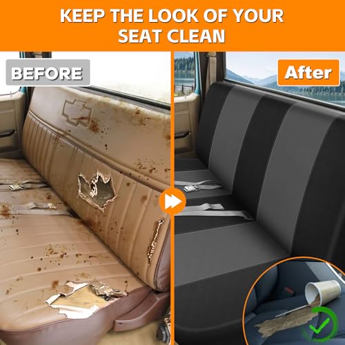 Truck Seat Cover Compatible with 1973-1999 Chevy Full-Size Trucks, Neoprene Solid Bench Seats Without Headrests, Black&Charcoal