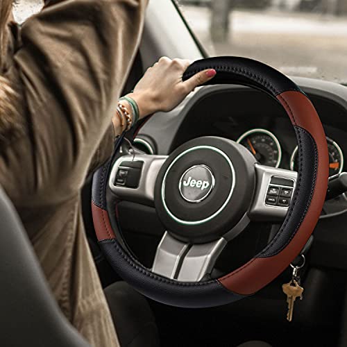Leather Car Steering Wheel Cover, Non-Slip Car Wheel Cover Protector Breathable Microfiber Leather Universal Fit for Most Cars(Brown) - color: Brown
