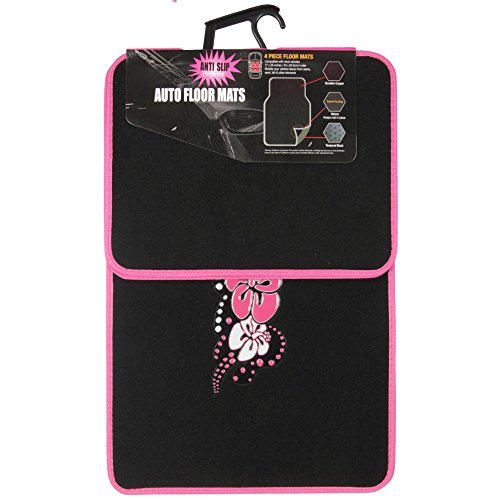 BDK 4-Piece Design Carpet Floor Mat Set - (Hawaiian Flower Pink) (Licensed Products, Secure Backing) - color: Hawaiian Flower Pink