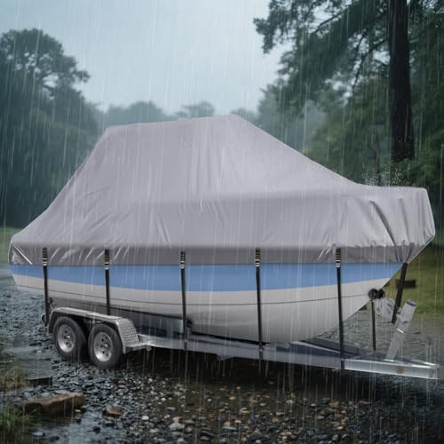 Marine Grade Waterproof Center Console Boat Cover with T Top Roof, Tear Resistant Trailerable Storage Covers, All-Weather Protection T-Top Boat Cover 26-28 ft, Beam Width Up to 116", Gray