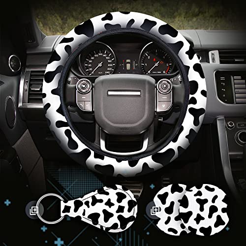 4 Pieces Cow Print Steering Wheel Cover Set with 2PCS Car Cup Coasters & Quarter Keyring, Universal 14.5-15 inches, Fashion Non-Slip Cow Print Steering Wheel Cover - color: Cow Print