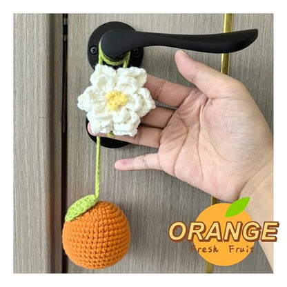 Cute Tangerine Car Mirror Hanger - Crochet Hand Knitted Rear View Mirror Accessory - color: Tangerine