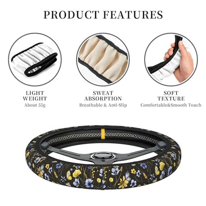 Wildflowers Butterfliese Steering Wheel Cover for Women, Universal 15 inch Breathable Anti Slip Steering Wheel Covers for Cars, Auto, SUVs