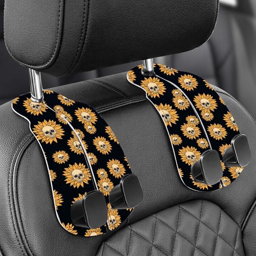 Purse Holder for Car, 2 Pack Heavy Duty Purse Hanger for Car, PU Leather Car Seat Hooks for Purses and Bags, Cute Sunflower Skull Headrest Organizer for Handbags & Backpacks - color: Car hook - Sunflower Skull A