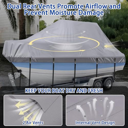 Marine Grade Waterproof Center Console Boat Cover with T Top Roof, Tear Resistant Trailerable Storage Covers, All-Weather Protection T-Top Boat Cover 18-20 ft, Beam Width Up to 102", Gray