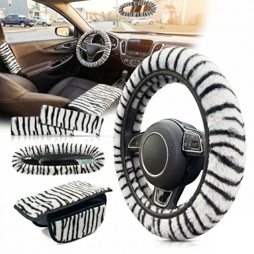 5 Pcs Fuzzy Animal Print Car Accessories Set, Soft Fluffy Plush Steering Wheel Cover, Center Console Armrest Pad & Rearview Mirror Cover - Interior Decorations for Women,Universal Fit (Zebra Print) - color: Zebra Print