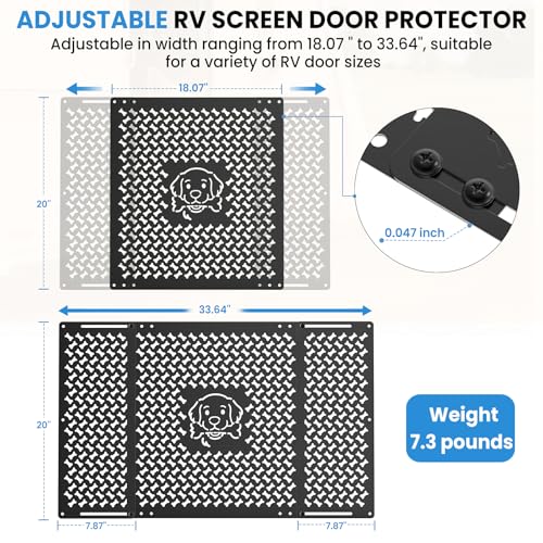 RV Screen Door Protector for Dogs, Adjustable Dog Head and Bone Design RV Entry Door Grille, Heavy-Duty Aluminum, Fits 18.07" to 33.64", Perfect for RV, Camper