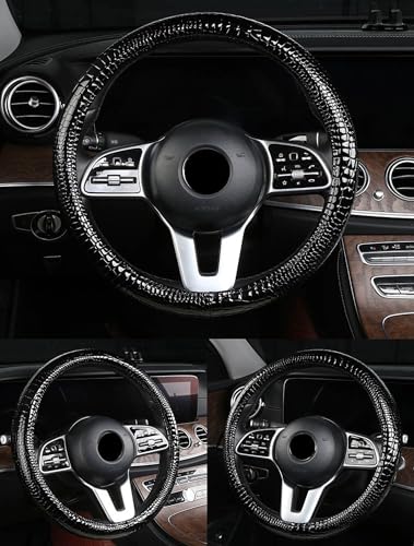 Luxury Crocodile Texture Glossy Leather Car Steering Wheel Cover, New Universal 15 Inch Vehicle Steering Wheel Cover for Cars, Trucks, Suvs, Pickups Interior Accessories (Black) - color: Black