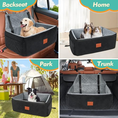 Dog Car Seat for Large Medium Dogs,Washable Pet CarSeat Under 55 lbs or 2 Small Dogs,Dog Booster Seat Travel Bed with Thick Cushion,2 Safety Leashes - color: Black/grey
