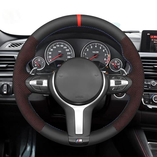 MEWANT Hand-Stitched Steering Wheel Cover for BMW (M Sport) F22 F23 F30 F34 F32 F33 F36 F10 F07 F12 F13 F06 F39 F25 F26 F15 F16, DIY Custom Fit Steering Wheel Wrap for BMW - color: 10:red mesh Athsuede&Black Real Leather