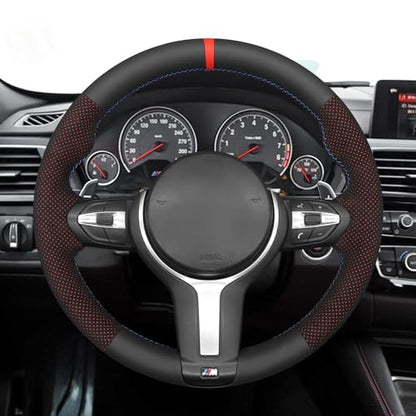 MEWANT Hand-Stitched Steering Wheel Cover for BMW (M Sport) F22 F23 F30 F34 F32 F33 F36 F10 F07 F12 F13 F06 F39 F25 F26 F15 F16, DIY Custom Fit Steering Wheel Wrap for BMW - color: 10:red mesh Athsuede&Black Real Leather