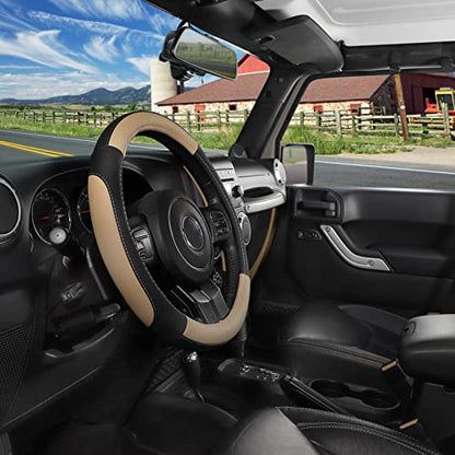 SEG Direct Car Steering Wheel Cover for F-150 Tundra Range Rover 15.5-16 inch, Black and Beige Microfiber Leather - color: Black and Beige, size: Large size[15 1/2''-16'']