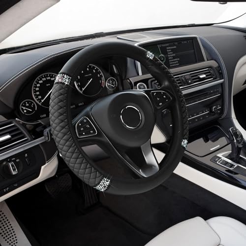 Bling Soft Leather Steering Wheel Cover, Anti-Slip Car Steering Wheel Protector, 15 Inch Rhinestones Soft Leather Elastic Steering Wheel Protector for Women Girls, Car Accessories for Most Cars - color: Black, size: Rhinestones