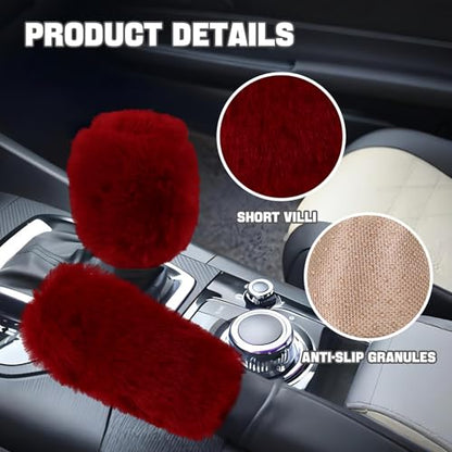 Hovom 2PCS Fluffy Car Gear Shift Knob Cover & Handbrake Cover, Soft Plush Hand Brake Handle & Gear Shift Cover for Women Girls, Universal Comfortable Warm Furry Car Accessories (Wine Red)