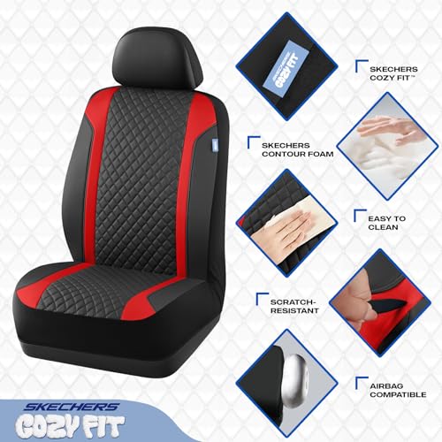 Skechers Seat Covers Contour Foam Cozy Fit,Leather Car Seat Covers, Car Seat Covers Front Seats Airbag Compatible, Universal Automotive Comfort for Most Cars, Vans, Trucks, SUV,Red