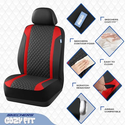 Skechers Seat Covers Contour Foam Cozy Fit,Leather Car Seat Covers, Car Seat Covers Front Seats Airbag Compatible, Universal Automotive Comfort for Most Cars, Vans, Trucks, SUV,Red