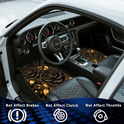 Rose Car Floor Mats Set of 4 Black Gold Floral Luxury Gothic Botanical Art Automotive Foot Mats Rugs Carpet for Car Non-Slip Auto Car Accessories Universal Fit for Car SUV Truck Van