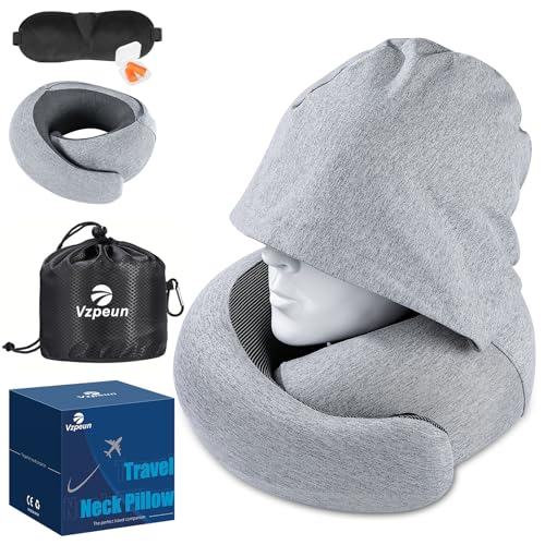 Travel Pillow - Hooded Neck Pillow Airplane Memory Foam Filling for Plane, Cars Sleeping, Road Trip, Long Flights, Airplane Travel Essentials, Includes Eye Mask & Earplugs (Light Gray) - color: Light Gray