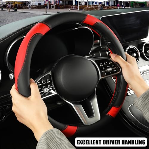 Microfiber Leather Steering Wheel Cover, Breathable, Anti Slip, 13.5 inch to 14 inch, Black with Red - color: Black Red, size: Round-Small[13.5''-14'']