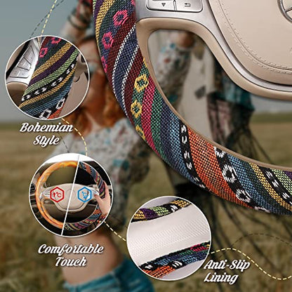 SEG Direct Boho Steering Wheel Cover with Baja Blanket Cloth, Ethnic Style Auto Wheel Cover Made of Coarse Flax, Fits 14 1/2-15 1/4 inches Car Wheel - color: Bohemian Dreams