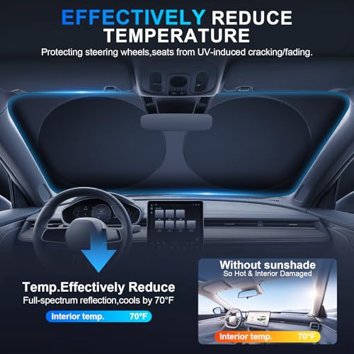 JUSTTOP 300T Car Windshield Sun Shade, Universal Foldable Reflective Sun Shade with Storage Bag, Car Interior Accessories, Fit for Cars Trucks SUVs(63" L x 35" W) - size: L
