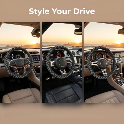 Checkered Gray Steering Wheel Cover 14.5-15.5 Inch - Elastic Anti-Slip Breathable Universal Fit for Car Truck SUV + 2 Car Coasters for Women Men - color: Checkered Gray