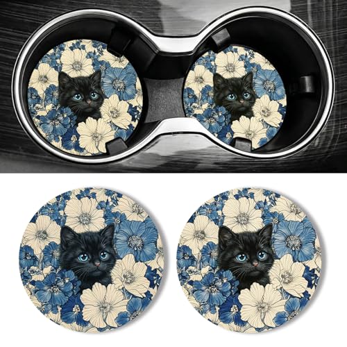 WOCOCN Car Coasters for Cup Holders - 2 Pack 2.75" Universal Rubber Car Cup Coaster, Non-Slip Waterproof Car Interior Accessories, Cute Car Decor Gifts for Women and Men (Flowers & Cats) - color: Flowers & Cats