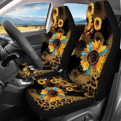 Leopard Sunflower Car Seat Covers Full Set for Front and Rear Cheetah Interior Accessories Auto Front Rear Seat Protective Set 4 Pack Leopard Print Automotive Seat - color: Sunflower Leopard Print