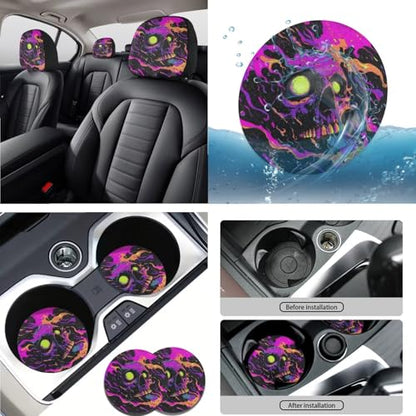 Skull Graffiti Splash Print Violet Black 15 Pcs Car Seat Cover Full Set, Universal Car Accessory Set Seat Covers Steering Wheel Cover Seat Belt Covers Car Headrest Cover Car Coaster - color: Skull Graffiti Splash Print Violet Black