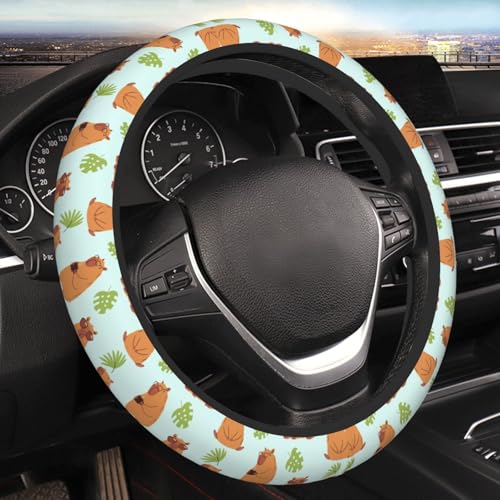 Capybaras and Leaves Steering Wheel Cover for Women Elastic Rubber Steering Wheel Universal 15 Inch Fit for Cars, Auto, SUVs - color: Capybaras And Leaves