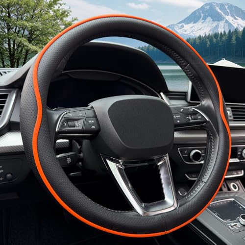 HAOTULE Leather Steering Wheel Cover， with Anti-Slip Stripe Design - Enhanced Grip, Fashion Style, Safe, Non-Slip, Breathable. Upgrade car Interior，Orange - color: Black Orange