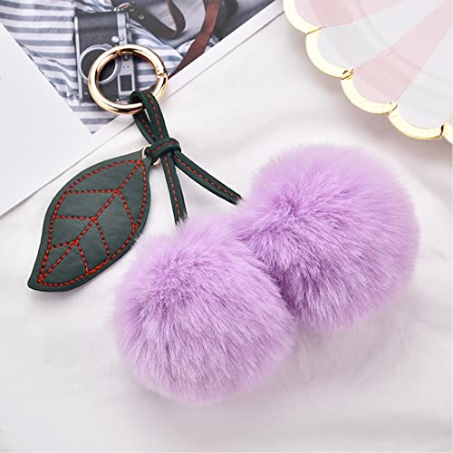Cute Faux Rabbit Fur Ball Pom Pom Keychain Car Key Ring Handbag Tote Bag Pendant Purse Charm - color: Cherry-lightpurple