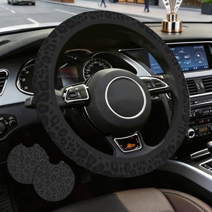 Black Leopard Steering Wheel Cover with 2 PCS Cup Coasters for Car,Black Cheetah Print 15 Inch Non-Slip Neoprene Steering Wheel Covers,Breathable Car Accessories Fit for Men Women - color: Black Leopard