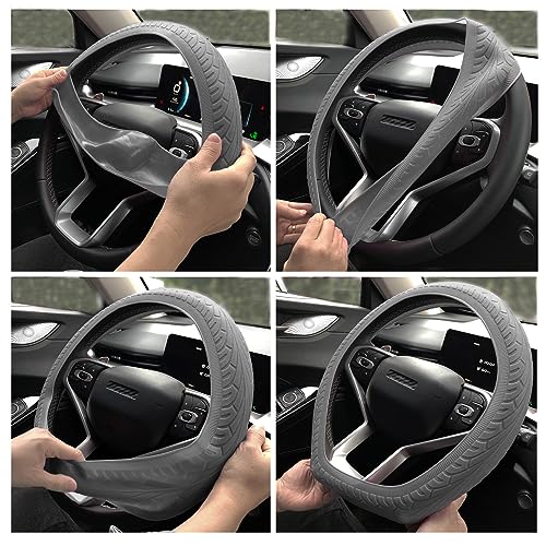 Universal Gray Steering Wheel Cover：13.5 to 15 Inches Flexible Silicone Anti Slip Steering Wheel Protector Fit for Most Car Models Including Round D Shape or Special Shape - color: Grey