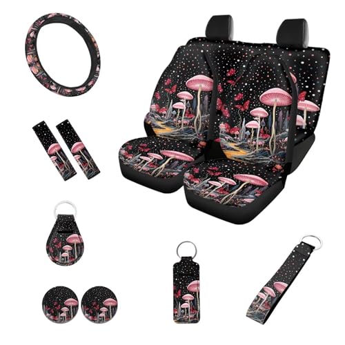 Mushroom Car Accessory Pink Mushroom Car Seat Covers Full Set,Cottagecore Butterfly Mushrooms Auto Steering Wheel Cover Keychain Safety Seat Belt Pad Universal Fit,All Weather Protection 12Pcs - color: Butterfly Mushroom