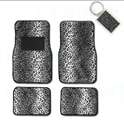 A Set of 4 Universal Fit Animal Print Carpet Floor Mats for Cars/Truck and 1 Key Fob - Snow Leopard