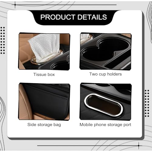 Car Center Console Organizer Armrest Storage Box with 2 Cup Holders-Universal 5-in-1 Leather Cushion Cover,Phone Slot & Tissue Holder for SUV/Sedan(Black)