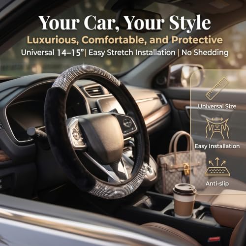 Bling Fluffy Steering Wheel Cover for Women Girls, Rhinestone Diamond Sparkling Fur Steering Wheel Protector Elastic Steering Wheel Covers Winter Warm Universal Fit 14-15 inches -Black - color: Black02