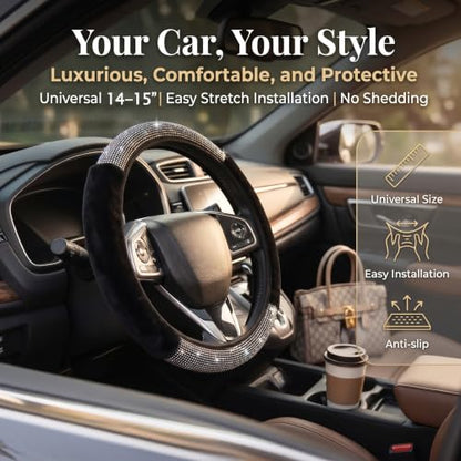 Bling Fluffy Steering Wheel Cover for Women Girls, Rhinestone Diamond Sparkling Fur Steering Wheel Protector Elastic Steering Wheel Covers Winter Warm Universal Fit 14-15 inches -Black - color: Black02